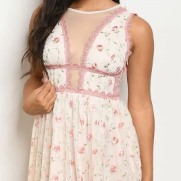 S M L PINK WITH FLOWER PRINT EMBROIDERY DRESS NWT - Picture 2 of 7